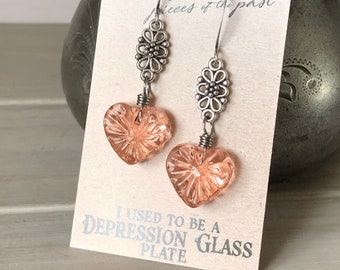 Pink Depression Glass Heart Earrings, Recycled Pink Depression Glass, Vintage Glass, Gift for Her
