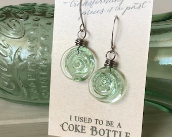 Recycled Coca Cola Spiral Earrings, Short Dangles, Recycled Glass, Coke Earrings, Vintage Glass Earrings, Gift for Her