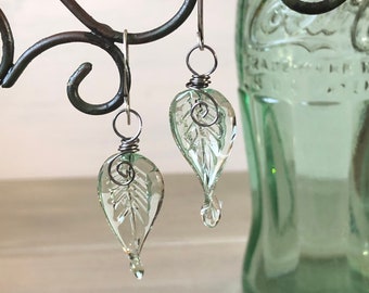 Coke Bottle Leaf Earrings, Recycled Coca-Cola bottles, Coke Collector, Coca-Cola Lovers Gift, Recycled Glass, Vintage Glass, Gift for Her