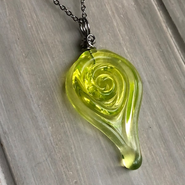 Vaseline Glass Necklace, Melting Spiral Uranium Glass Necklace, Recycled Glass, Vintage Glass, Gift for Her