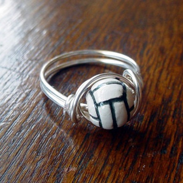 Volleyball Wire Wrapped Ring, ceramic bead, custom size, Volleyball Gift, Volleyball Ring, Volleyball Gift