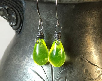 Yellow Vaseline Glass Teardrop Earrings, Uranium Glass Jewelry, Recycled Vintage  Glass