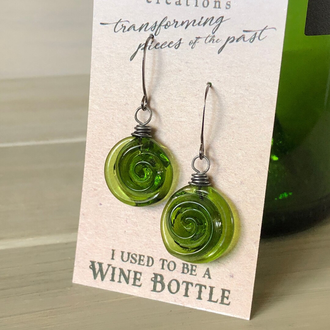 Wine Bottle Spiral Earrings, Short Dangles, Recycled Glass, Vintage