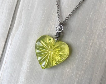 Vaseline Glass Heart Necklace, Uranium Glass Heart, Recycled Glass, Uranium Glass, Vintage Glass, Gift for Her, Valentines Gift