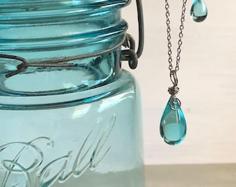 Teardrop Mason Jar Necklace: Recycled Glass Pendant