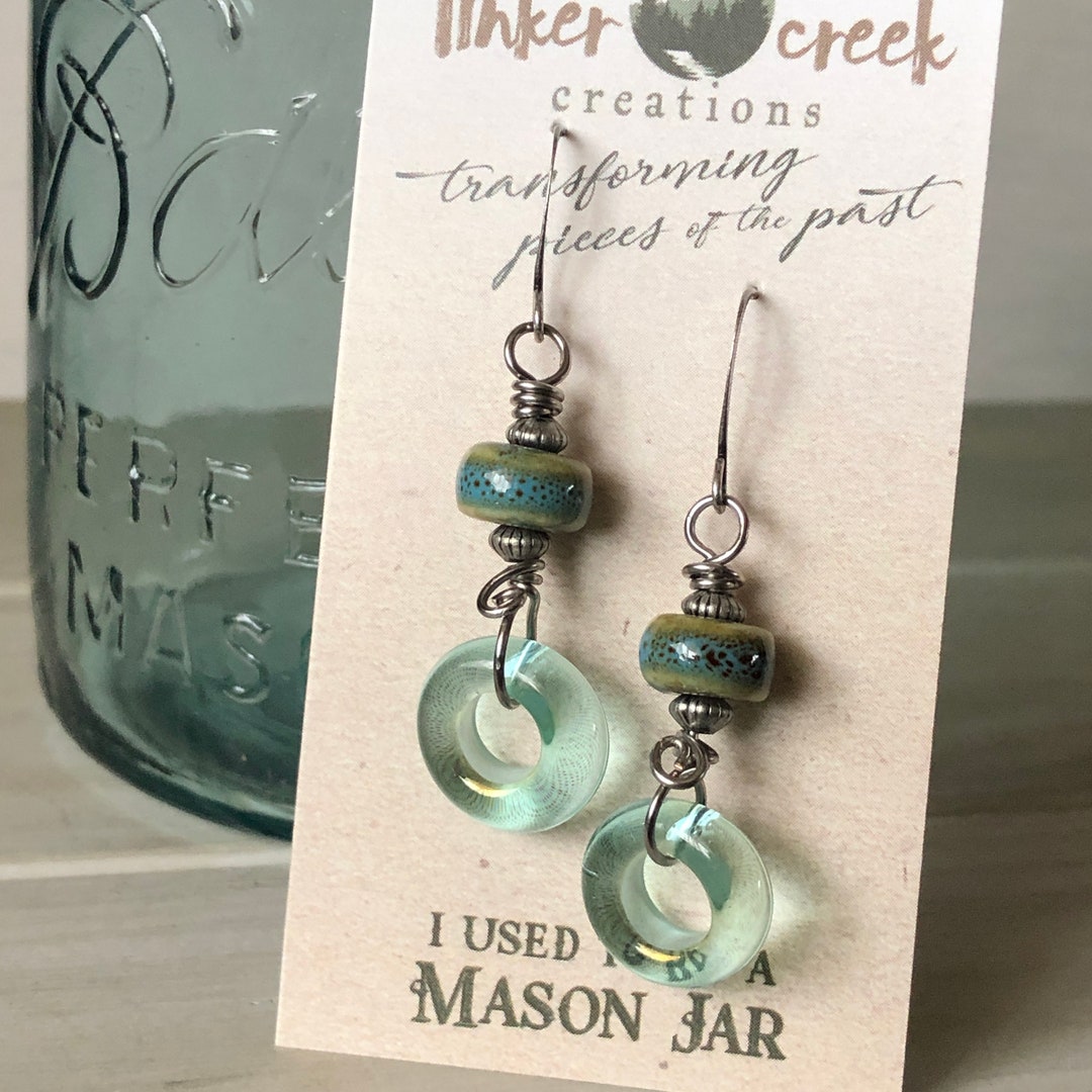 Mason Jar Earrings Recycled Mason Jar Glass Vintage Glass Etsy
