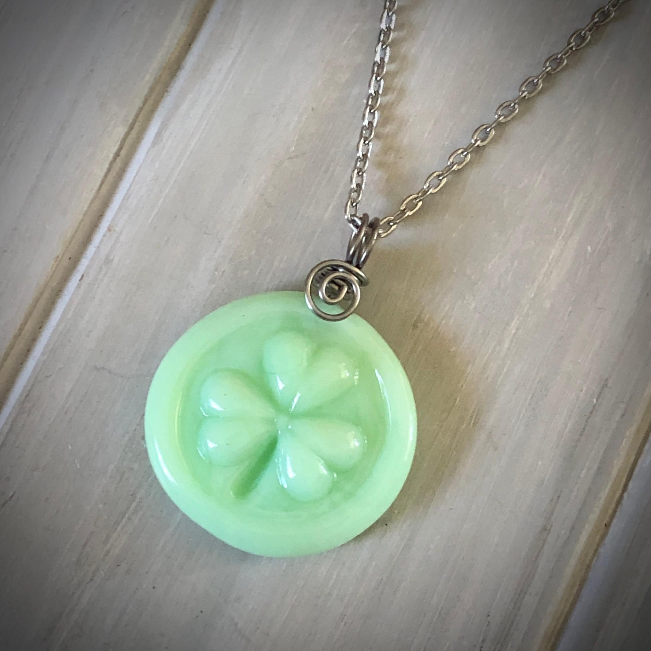 McKee Jadeite Shamrock Necklace: Upcycled Uranium Glass Pendant