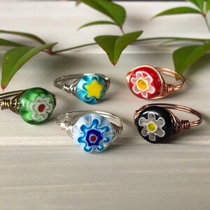 Flower Power Ring, Wire Wrapped Ring, Millefiori Glass Flower Jewelry, Glass Flower Ring, Millefiori Glass, Gift for Her, Birthday Gift