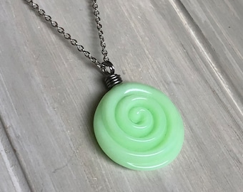 McKee Jadeite Spiral Glass Necklace, Uranium Glass Pendant, Recycled Glass, Vintage Glass, Gift for Her