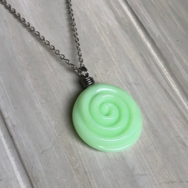McKee Jadeite Spiral Glass Necklace, Uranium Glass Pendant, Recycled Glass, Vintage Glass, Gift for Her