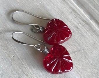 Red Amberina Glass Heart Earrings, Recycled Red Glass, Vintage Glass, Gift for Her, Valentine's Gift