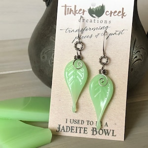 Jadeite Leaf Earrings, Uranium Glass Earrings, McKee Jadeite, Jadeite Glass Lovers Gift, Vintage Glass, Gift for Her, Recycled Glass