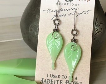 Jadeite Leaf Earrings, Uranium Glass Earrings, McKee Jadeite, Jadeite Glass Lovers Gift, Vintage Glass, Gift for Her, Recycled Glass