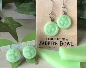 Jadeite Shamrock Earrings, Stud or Dangle Earrings, Uranium Glass, McKee Jadeite, Vintage Glass, Recycled Glass, Vintage Gift