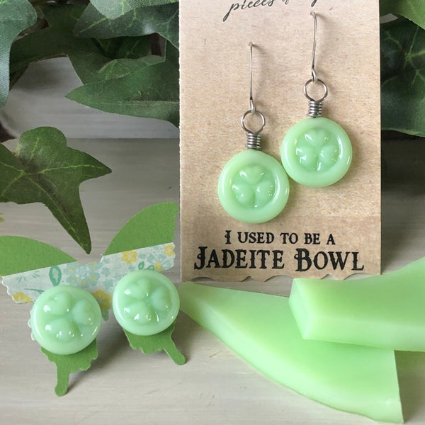 Jadeite Shamrock Earrings, Stud or Dangle Earrings, Uranium Glass, McKee Jadeite, Vintage Glass, Recycled Glass, Vintage Gift