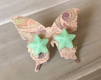 Pendientes de botón con forma de estrella de jadeíta, se venden por pares, vidrio de uranio, pendientes de botón de jadeíta McKee, pendientes de botón de vidrio reciclado, vidrio vintage