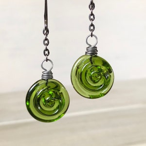 Wine Bottle Spiral Earrings, Long Dangles, Recycled Glass, Vintage Glass Earrings, Gift for Her, Green Wine Glass Earrings