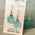 Mason Jar Spiral Earrings, Short Dangles, Recycled Glass, Vintage Glass Earrings, Gift for Her, Blue Glass Earrings