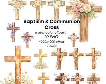 Baptism Cross Clipart Watercolor Floral Wooden Cross PNG First Holy Communion Decor Christian Invitation