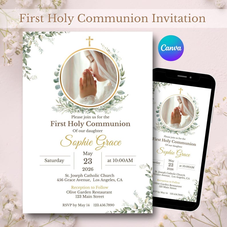 First Holy Communion Invitation Template Editable Canva Photo ...