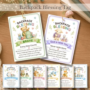 May include: A collection of rectangular backpack blessing tags featuring colorful illustrations of animals like bears, lambs, owls, and foxes. Each tag includes the text Backpack Blessing, inspirational phrases, and scripture verses in a clear font.