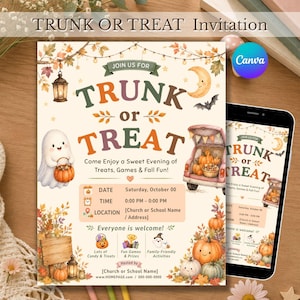Inbjudan till Trunk or Treat, akvarell spökpumpa, skolkyrka, evenemangsflyer, redigerbar Canvas-mall