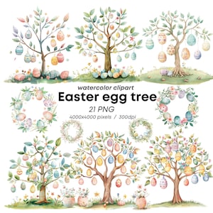 Watercolor Easter Egg Tree Clipart Pastel Eggs Wreath PNG Printable Wall Art Download