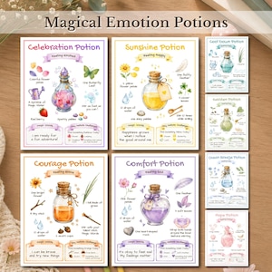May include: A collection of educational posters titled Magical Emotion Potions, featuring watercolor illustrations of glass bottles filled with colorful liquids, surrounded by nature elements, text instructions, and challenges for children.