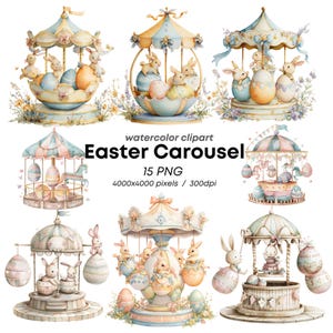 Watercolor Easter Bunny Carousel Clipart Pastel Egg Spring Decor Printable Wall Art Digital Download