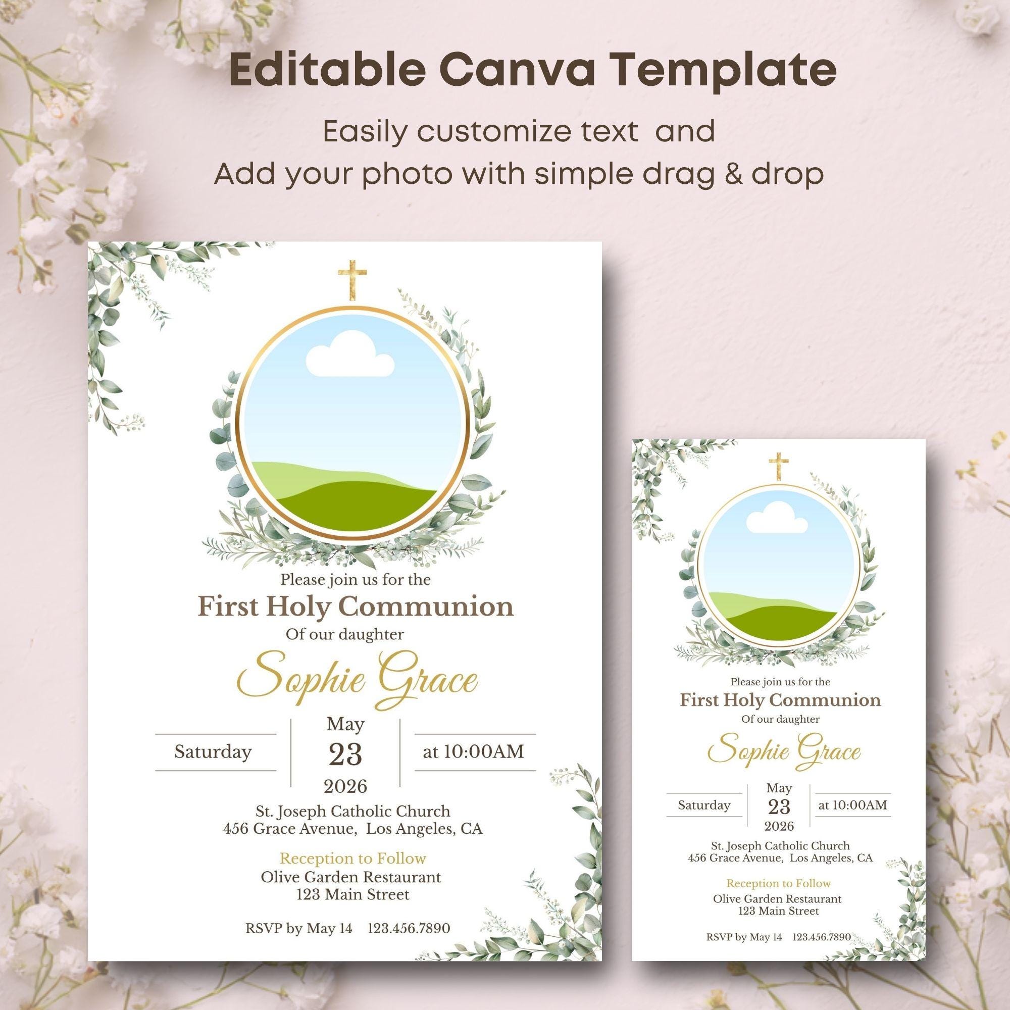 First Holy Communion Invitation Template Editable Canva Photo ...