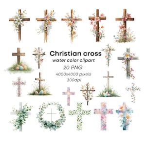 Könnte beinhalten: Eine Sammlung von Aquarell-Christuskreuz-Clipart. Die Kreuze sind mit Blumen, Grün und Pastellfarben verziert. Der Text "Christian cross water color clipart" ist im Bild enthalten.