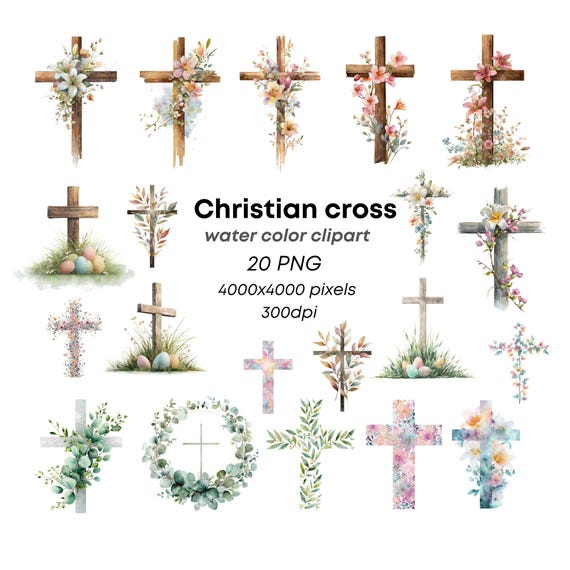 Watercolor Christian Cross PNG Botanical Faith Clipart for Bible Journaling Church Printable Easter Decor