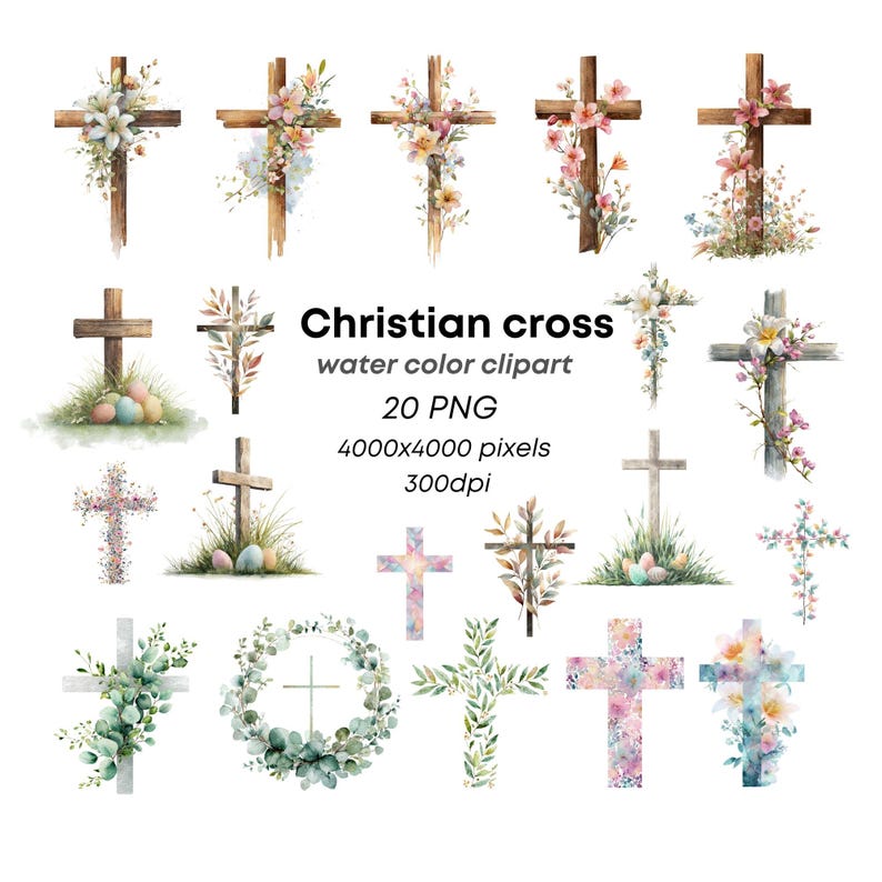Watercolor Christian cross clipart with floral and botanical design, faith cross PNG illustration for Bible journaling, church printable, Easter Christian clipart