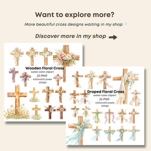 May include: Watercolor clipart of wooden crosses with floral and draped designs. The image includes text that reads "Wooden Floral Cross" and "Draped Floral Cross", along with details about the number of PNG files and pixel dimensions.