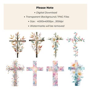 Watercolor floral Christian cross clipart PNG preview showing botanical faith cross illustration, high resolution transparent PNG for church printable and Bible journaling