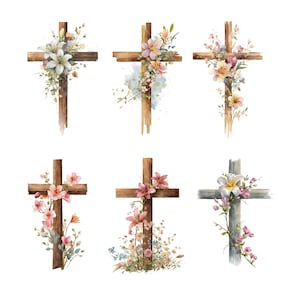 Watercolor floral Christian cross clipart PNG preview showing botanical faith cross illustration, high resolution transparent PNG for church printable and Bible journaling
