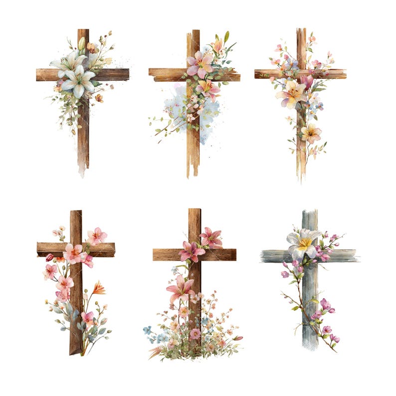 Watercolor floral Christian cross clipart PNG preview showing botanical faith cross illustration, high resolution transparent PNG for church printable and Bible journaling