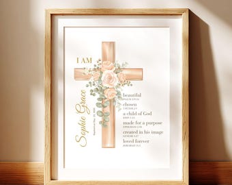 Editable Baptism Gift Girl Personalized Floral Cross Wall Art First Communion Canva Printable Instant