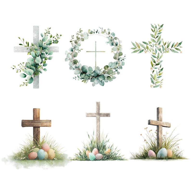Watercolor floral Christian cross clipart PNG preview showing botanical faith cross illustration, high resolution transparent PNG for church printable and Bible journaling