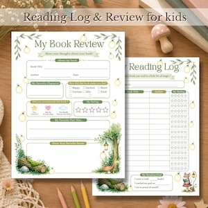 Peut inclure: Deux feuilles imprimées pour un journal de lecture et une critique de livre pour enfants. Les pages présentent un feuillage vert, des lanternes suspendues et des illustrations forestières. Le texte inclut My Book Review, My Reading Log et des sections pour les titres, auteurs, dates, notes et objectifs.