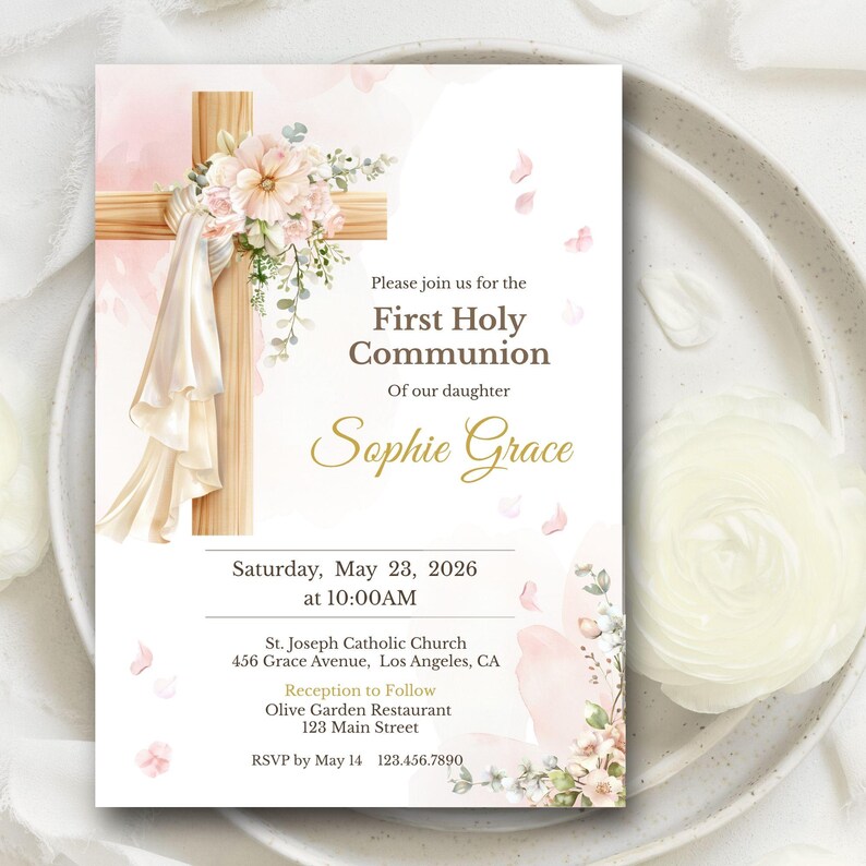 First Holy Communion Invitation Girl Template Editable Canva Pink ...
