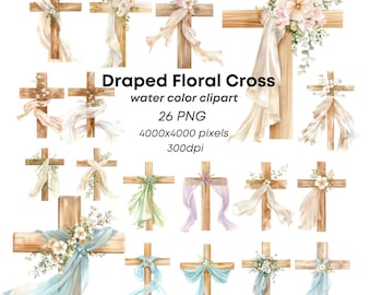 Watercolor Floral Cross Clipart Wooden with Flowers Christian PNG Easter Decor