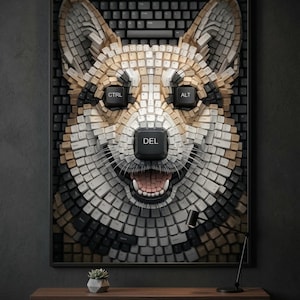 Könnte beinhalten: Ein gerahmtes Kunstwerk, das einen lächelnden Corgi-Hund zeigt, der aus Computertastaturtasten gefertigt wurde. Das Gesicht des Hundes besteht aus verschiedenen Tasten, wobei die Tasten "STRG", "ALT" und "ENTF" deutlich sichtbar sind. Das Kunstwerk hängt an einer dunklen Wand.
