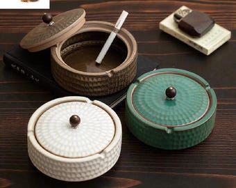 Handmade Ceramic Ashtray with Lid | Vintage Windproof Boho Ash Tray