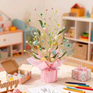 May include: A decorative Easter floral arrangement with pastel-coloured eggs and sprigs. The arrangement is in a pink paper-wrapped base. Other Easter decorations and art supplies are on the table, creating a festive scene.