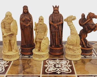 Antikes Wikinger-Schachfiguren-Set 9 cm, weiß & braun - KEIN BRETEL