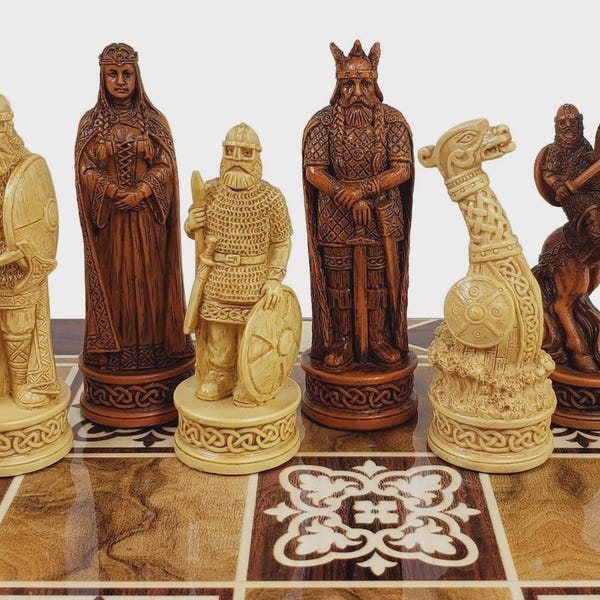 Antikes Wikinger-Schachfiguren-Set 9 cm, weiß & braun - KEIN BRETEL