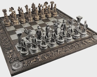 Greek Mythology Olympus Gods Chess Set Pewter & Bronze Color W 17" Greek Board