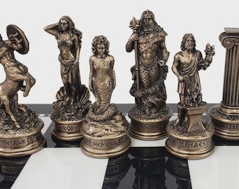 Zestaw szachowy "Bogowie Olimpu" z mitologii greckiej, kolor cyny i brązu - bez planszy