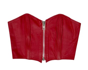 Vintage Berman Red Leather Corset Top Strapless Zip Front Bustier Small Korea